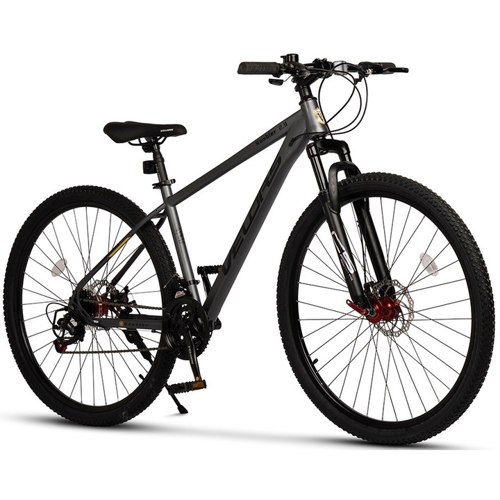MTB велосипед с 29" гуми, предно окачване, последователни лостове, оборудване Shimano/SunRun, дискови спирачки, 21 скорости, сиво/черно, планински велосипед Velurs Rambler със стоманена рамка и интегрирани кабели