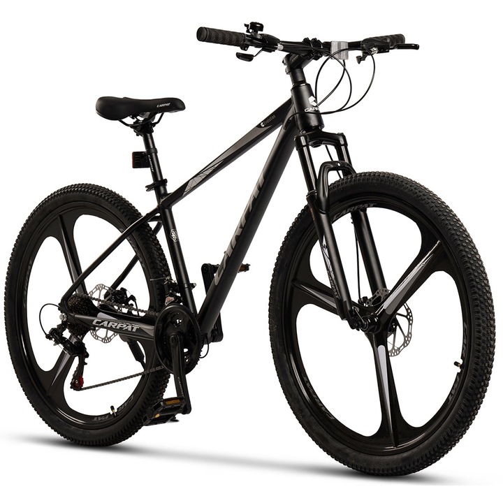 Bicicleta MTB cu Roti Magneziu de 27 "5", echipare Shimano/Sunrun, 21 Viteze, Manete Secventiale, negru/gri/alb, Mountain Bike Carpat Evolution Genius cu Frane Disc, cabluri integrate si cadru aluminiu