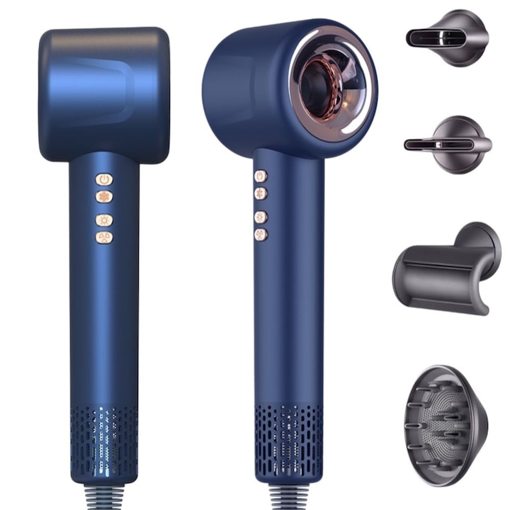 Uscator de Par Profesional cu Ionizare, Albastru, 1600W, Zgomot Redus, 4 Accesorii Magnetice,3 Trepte de viteza