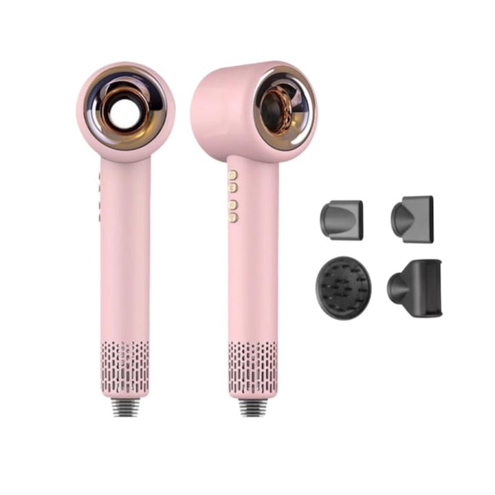Uscator de Par Profesional cu Ionizare, Roz, 1600W, Zgomot Redus, 4 Accesorii Magnetice,3 trepte viteza