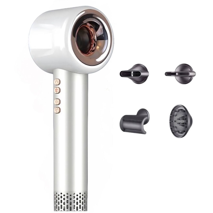 Uscator de Par Profesional cu Ionizare, Alb, 1600W, Zgomot Redus, 4 Accesorii Magnetice,3 Trepte de viteza