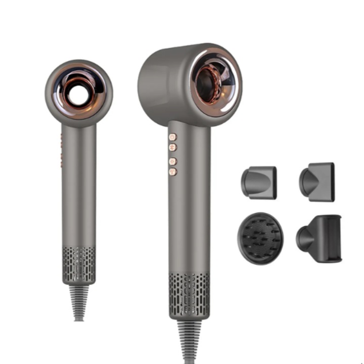 Uscator de Par Profesional cu Ionizare, Gri, 1600W, Zgomot Redus, 4 Accesorii Magnetice,3 trepte viteza