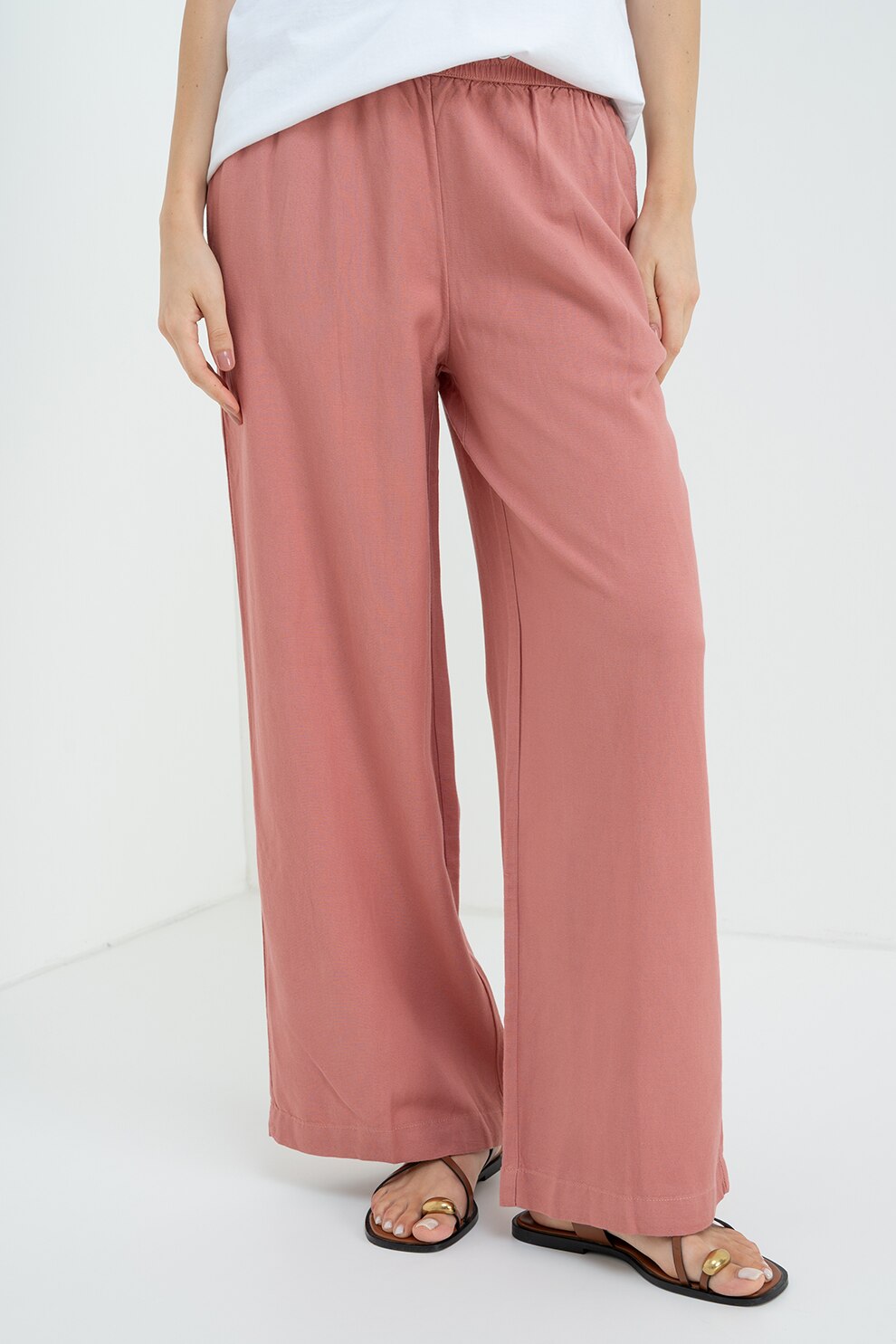 QS, Pantaloni din amestec de in cu snur, Roz prafuit, 36-L32