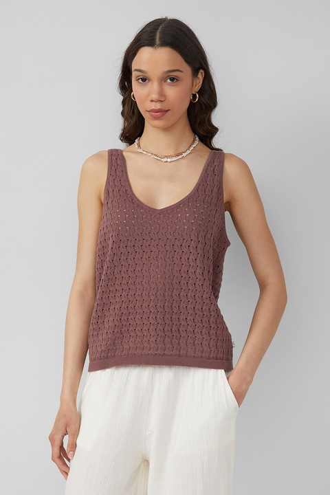 QS, Релефен топ с овално деколте, Кафяв