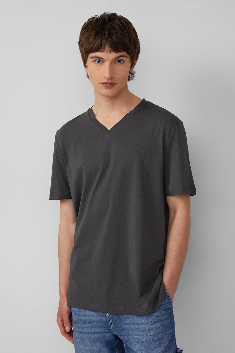 s.Oliver, Tricou uni cu decolteu in V, Gri inchis, M