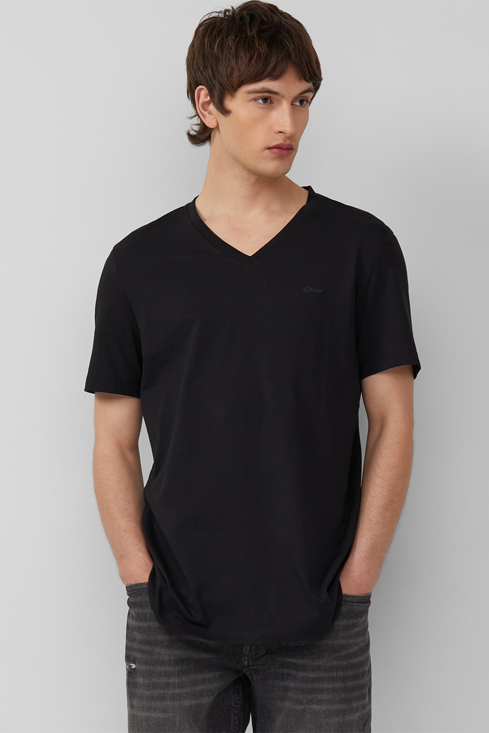 s.Oliver, Tricou uni cu decolteu in V, Negru, S