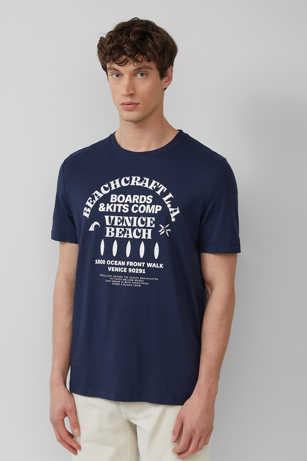 s.Oliver, Tricou cu decolteu la baza gatului si imprimeu text, Alb, Indigo, XL