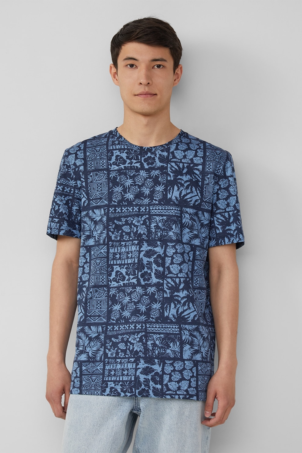 s.Oliver, Tricou cu decolteu la baza gatului si model, Albastru inchis, Albastru deschis, L