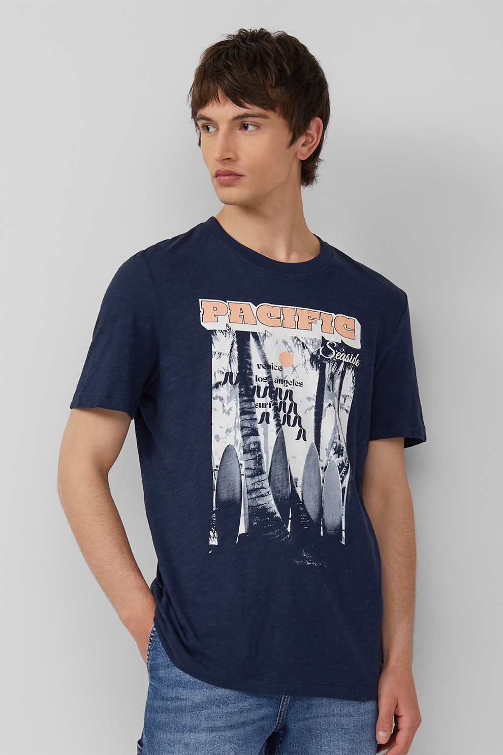 s.Oliver, Tricou cu model grafic si imprimeu text, Albastru inchis, L