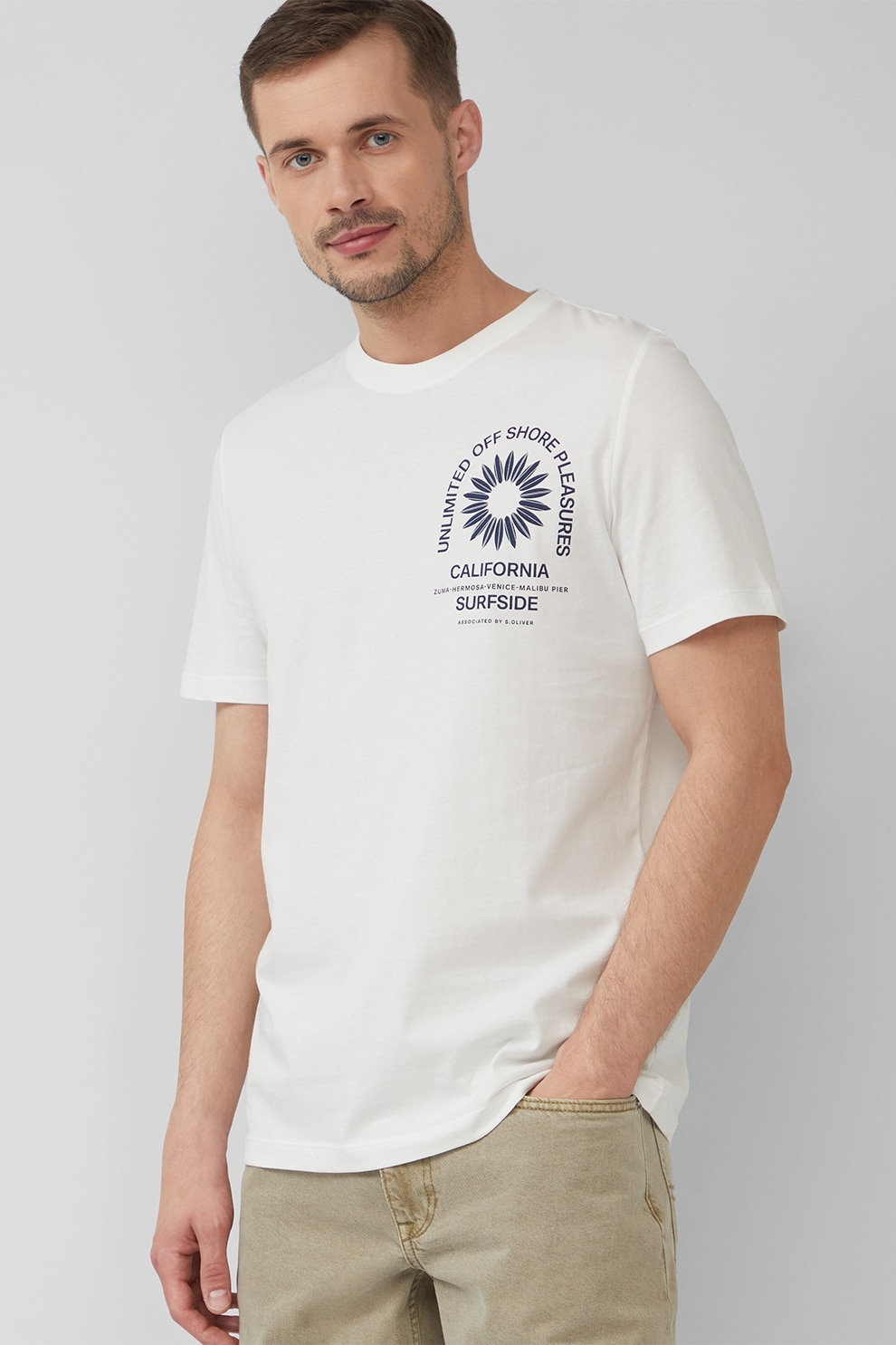 s.Oliver, Tricou cu decolteu la baza gatului si imprimeu text, Albastru inchis, Alb murdar, L