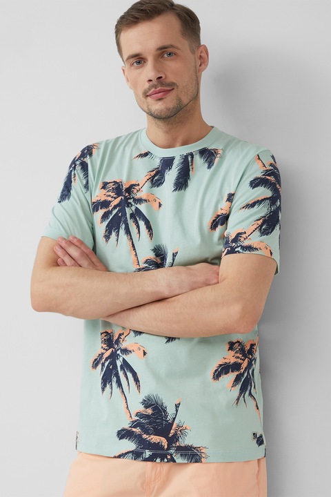 s.Oliver, Tricou cu decolteu la baza gatului si model tropical, Albastru aquamarin/Portocaliu pal/Bleumarin