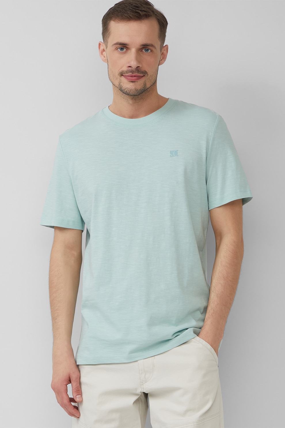 s.Oliver, Tricou din bumbac cu decolteu la baza gatului, Albastru aquamarin, S