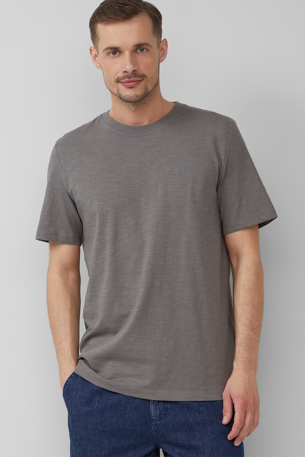 s.Oliver, Tricou din bumbac cu decolteu la baza gatului, Gri inchis, S