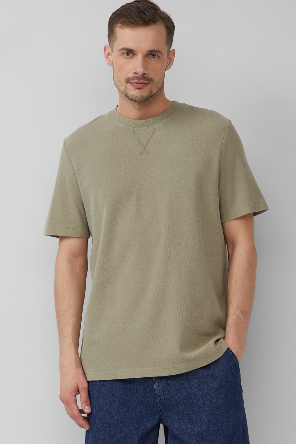 s.Oliver, Tricou din bumbac cu decolteu la baza gatului, Kaki, S
