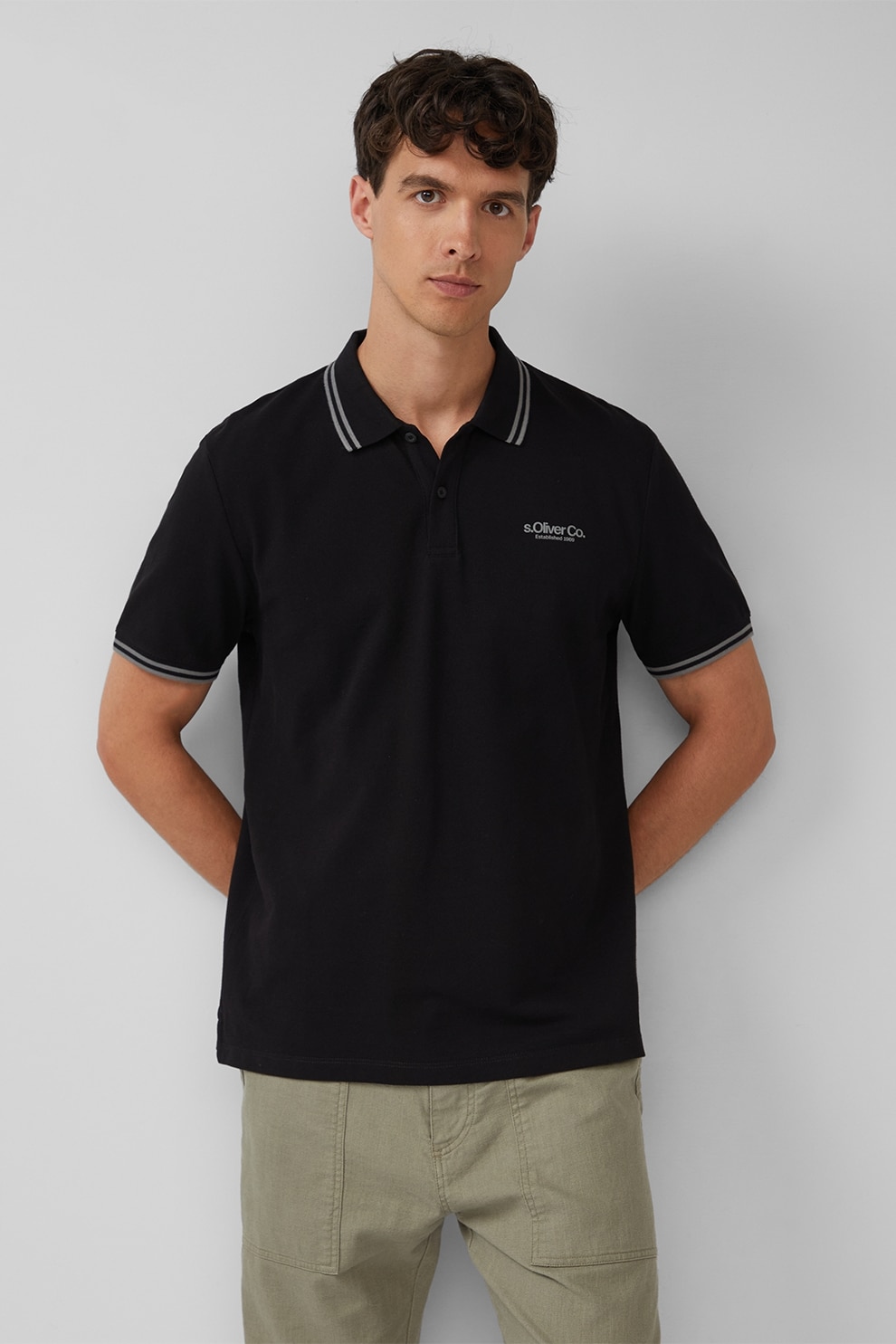 s.Oliver, Tricou polo cu imprimeu logo discret, Negru, Gri cenusiu, S