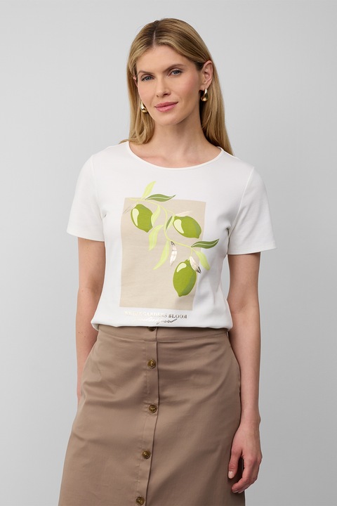 s.Oliver, Tricou cu decolteu rotund si imprimeu frontal, Alb/Verde deschis