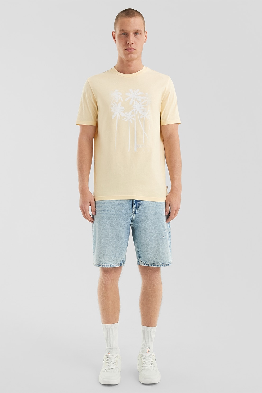 QS, Tricou din bumbac cu model tropical, Alb, Bej, M