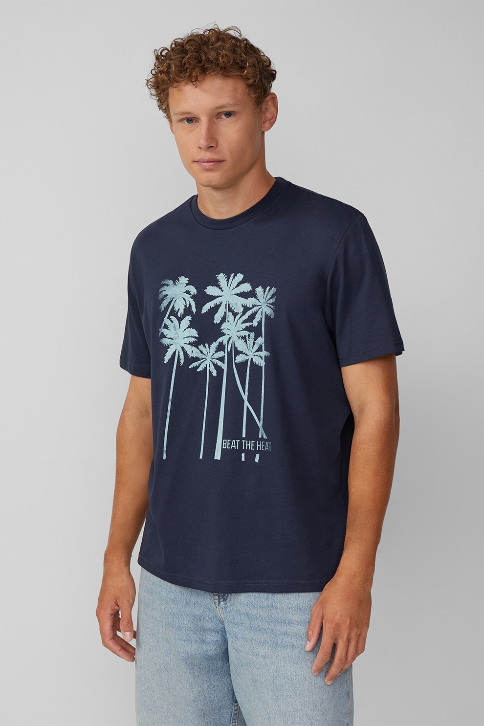 QS, Tricou din bumbac cu model tropical, Albastru glaciar, Bleumarin, M