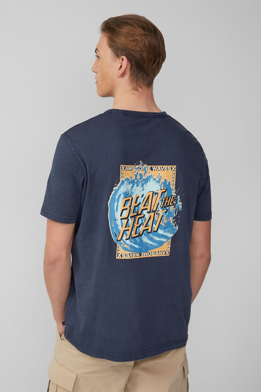 QS, Tricou cu model grafic frontal si pe partea din spate, Alb, Albastru inchis, Portocaliu pal, M