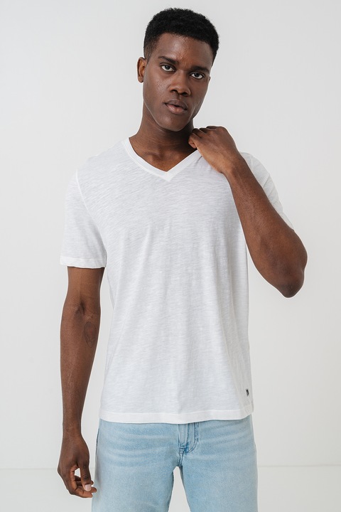 s.Oliver, Tricou din bumbac cu decolteu in V, Alb murdar