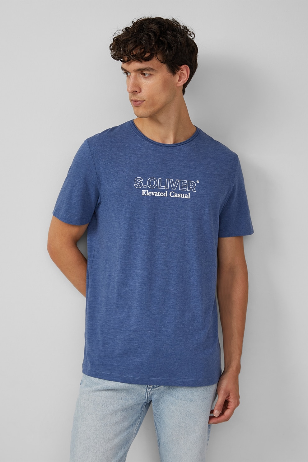 s.Oliver, Tricou cu decolteu la baza gatului si imprimeu logo pe piept, Albastru melange, XL