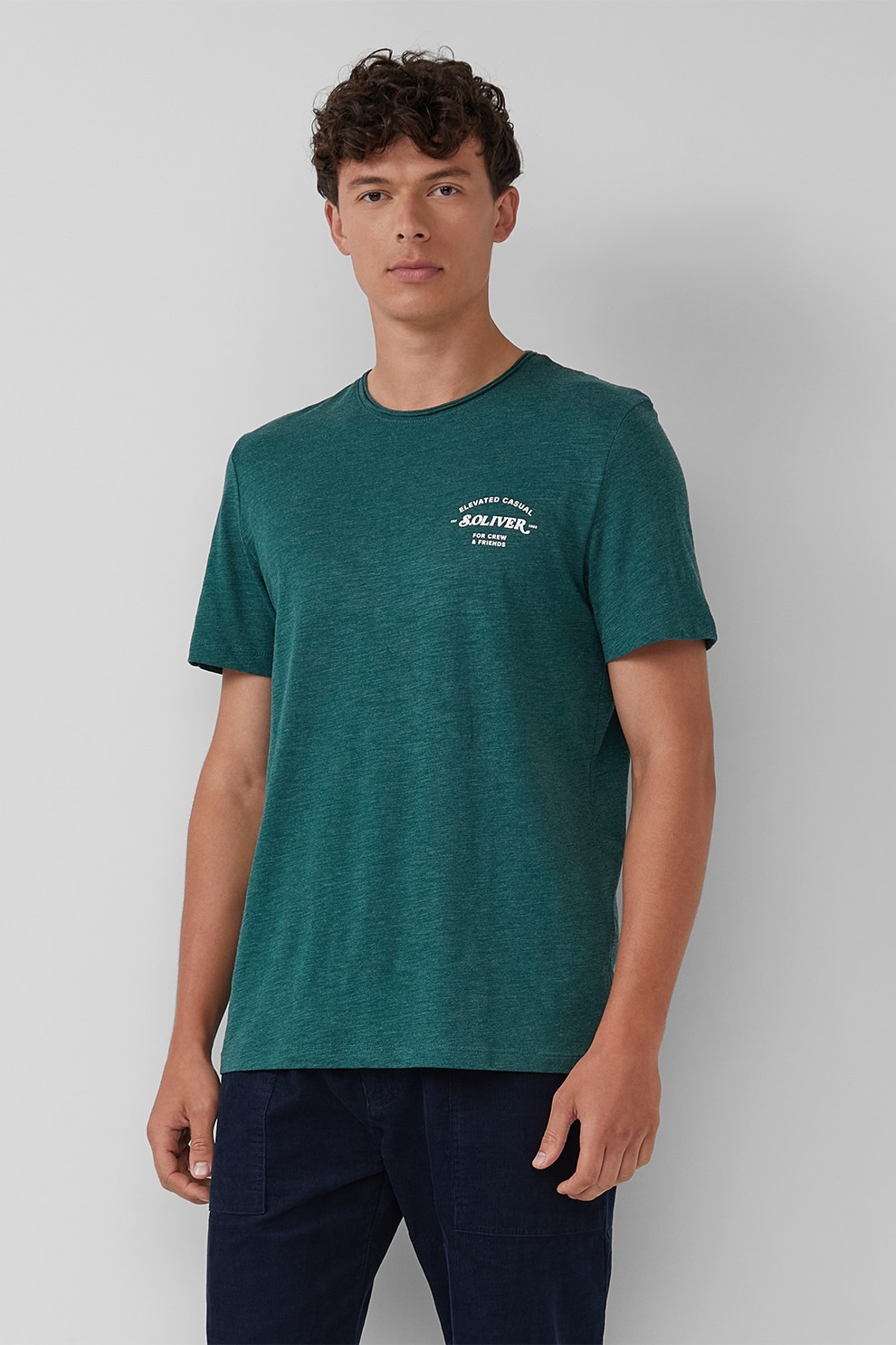 s.Oliver, Tricou cu decolteu la baza gatului si imprimeu logo pe piept, Verde englez, M