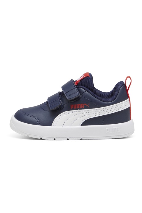 Puma, Pantofi sport Courtflex din piele ecologica cu velcro, Rosu, Albastru inchis, Alb optic, 19 EU