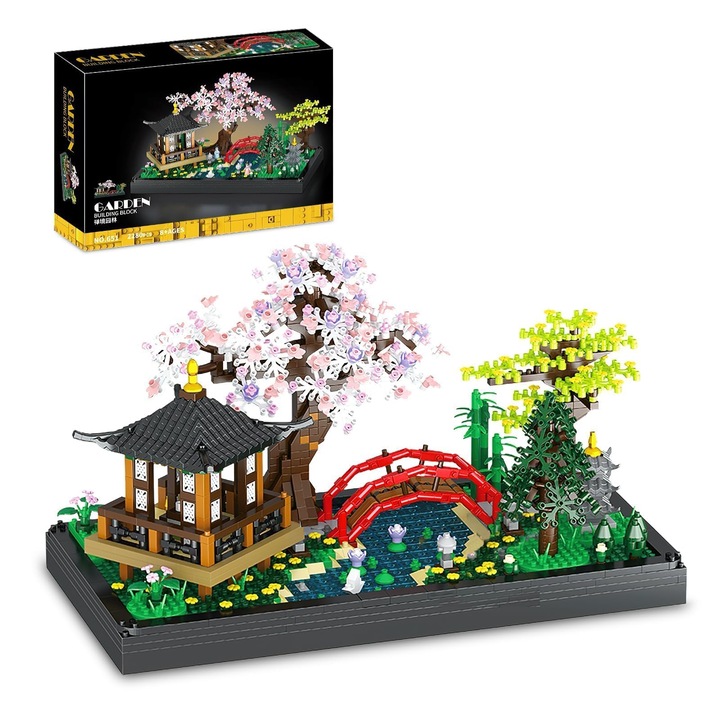 Set de constructie WALALLA, Pavilion si Pod Gradina cu Flori de Cires, 2280 piese, copaci bonsai, 13.5x14x26cm