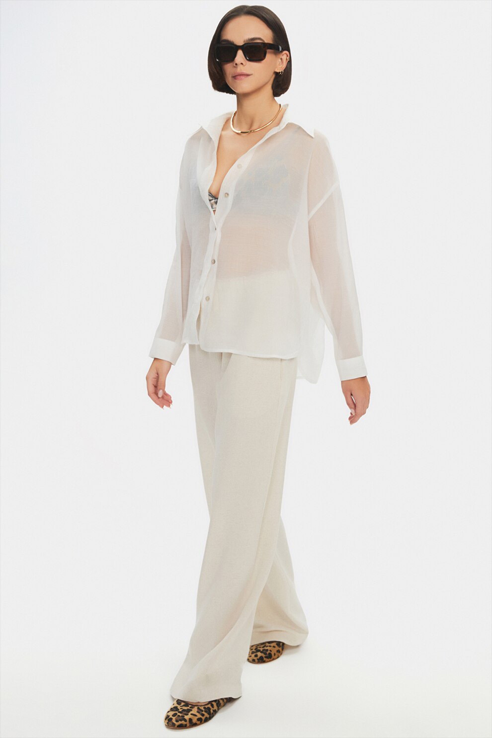 June, Pantaloni din amestec de in cu snur si model, Alb