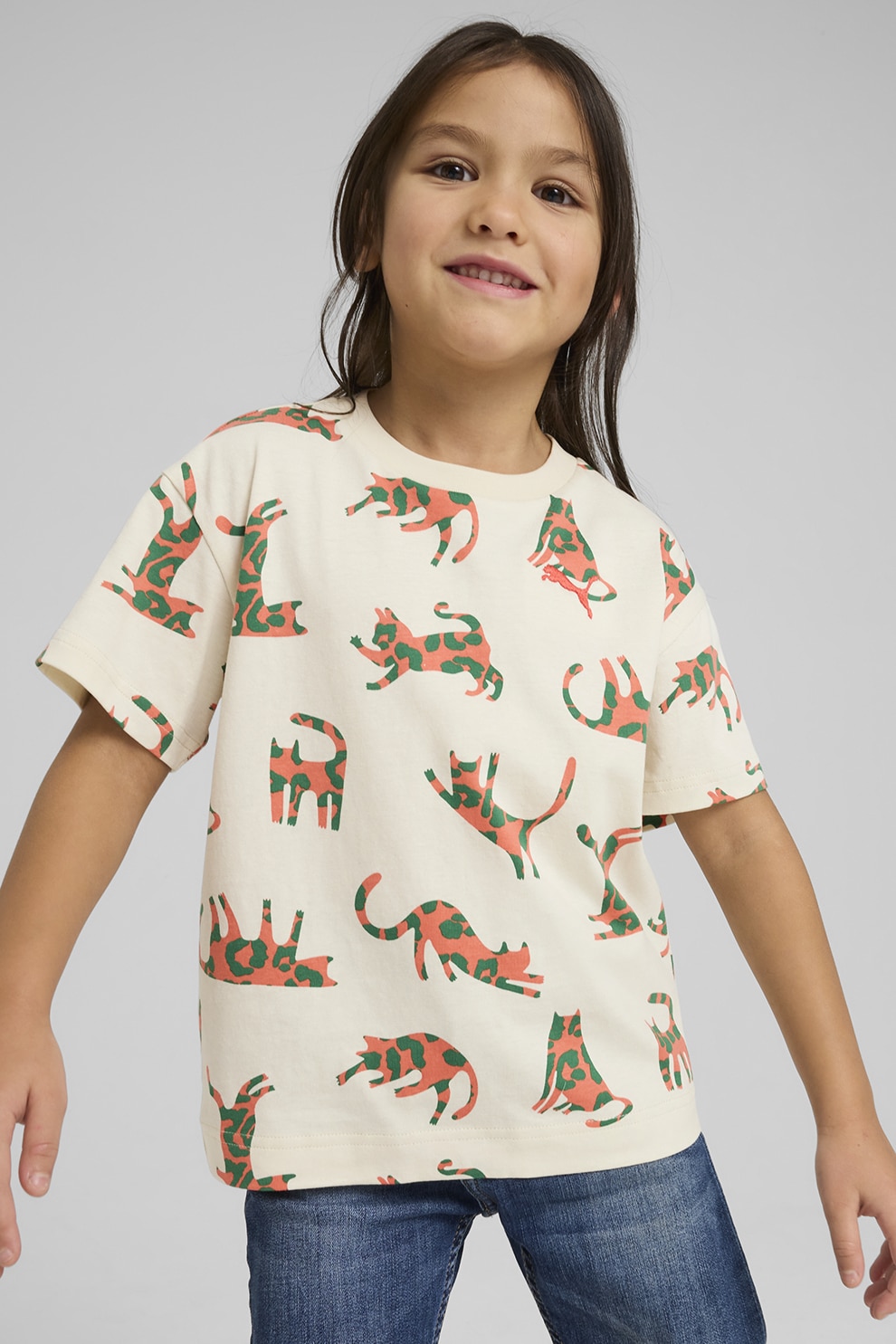 Puma, Tricou cu imprimeu cu pisici, Portocaliu, Crem, 116 CM