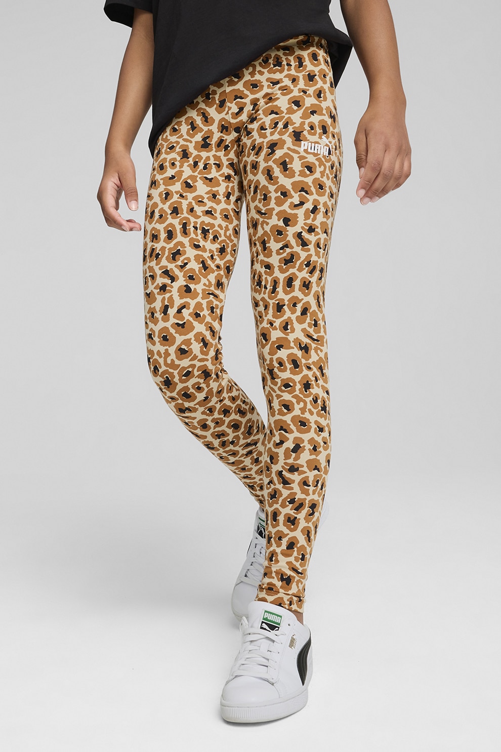 Puma, Colanti cu animal print Essentials, Negru, Caramel, Crem, 164 CM