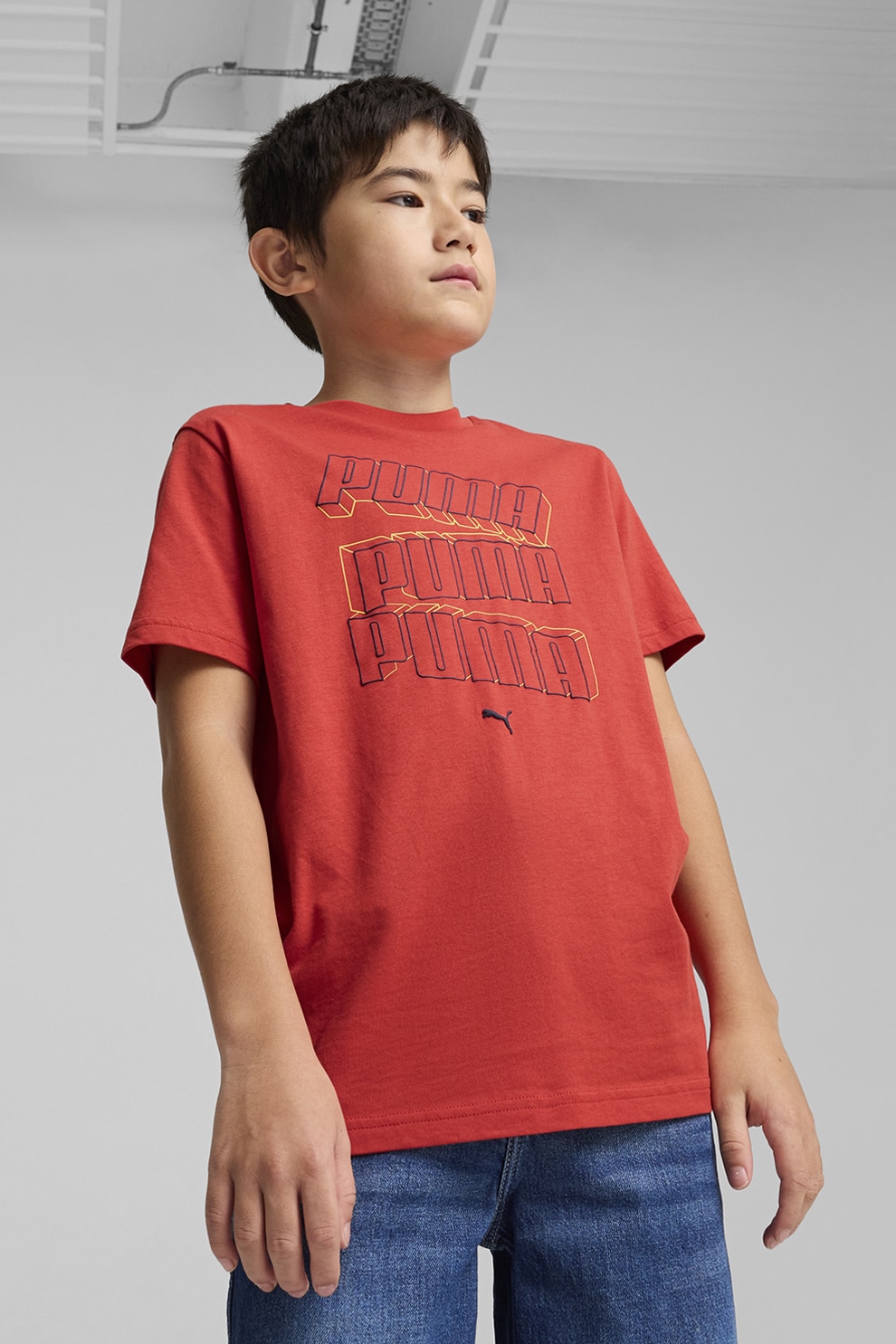 Puma, Tricou cu logo si decolteu la baza gatului, Caramiziu, 140 CM