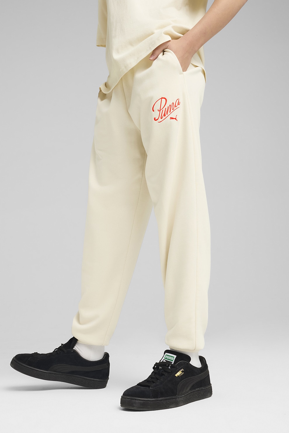 Puma, Pantaloni de trening din amestec de bumbac cu imprimeu logo, Crem, 164 CM