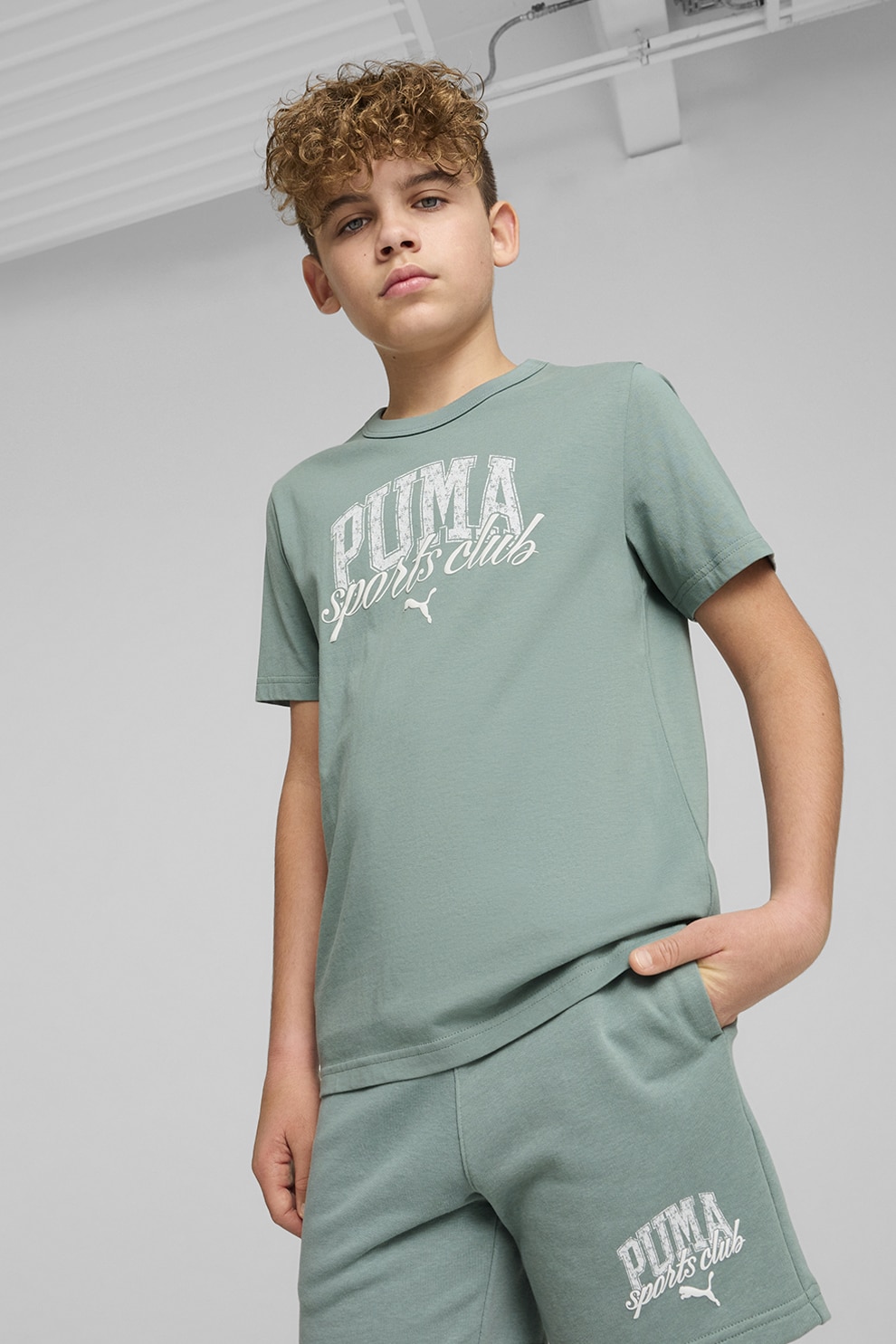 Puma, Tricou din amestec de bumbac cu logo, Verde feriga, 140 CM