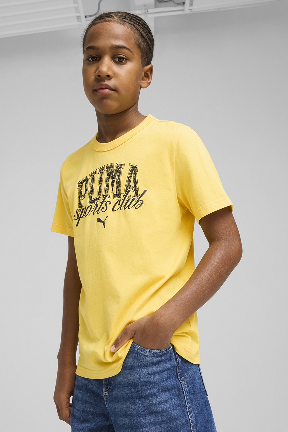 Puma, Tricou din amestec de bumbac cu logo, Negru, Galben, 140 CM