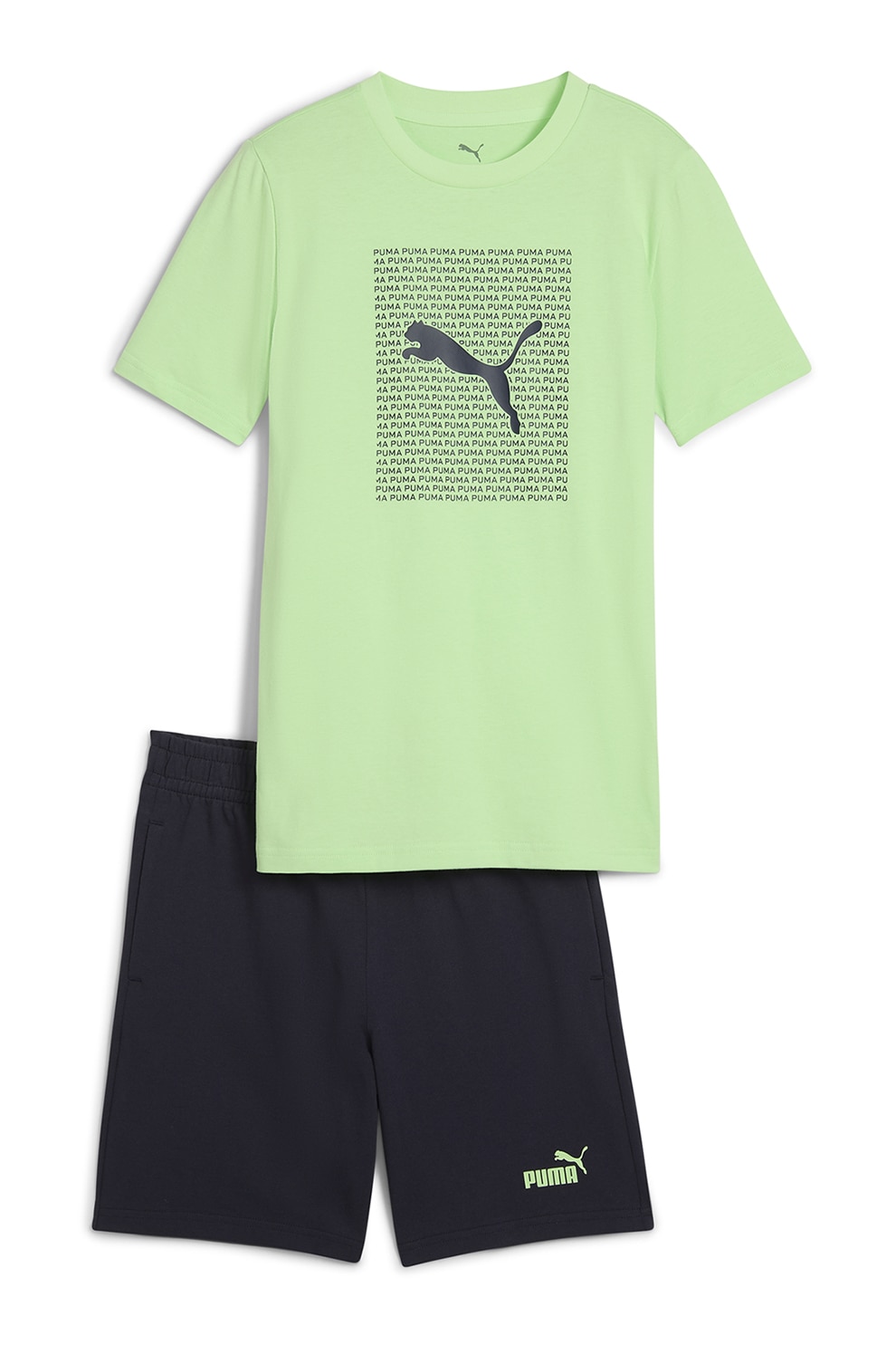 Puma, Set de tricou de bumbac si pantaloni scurti, Negru, Verde