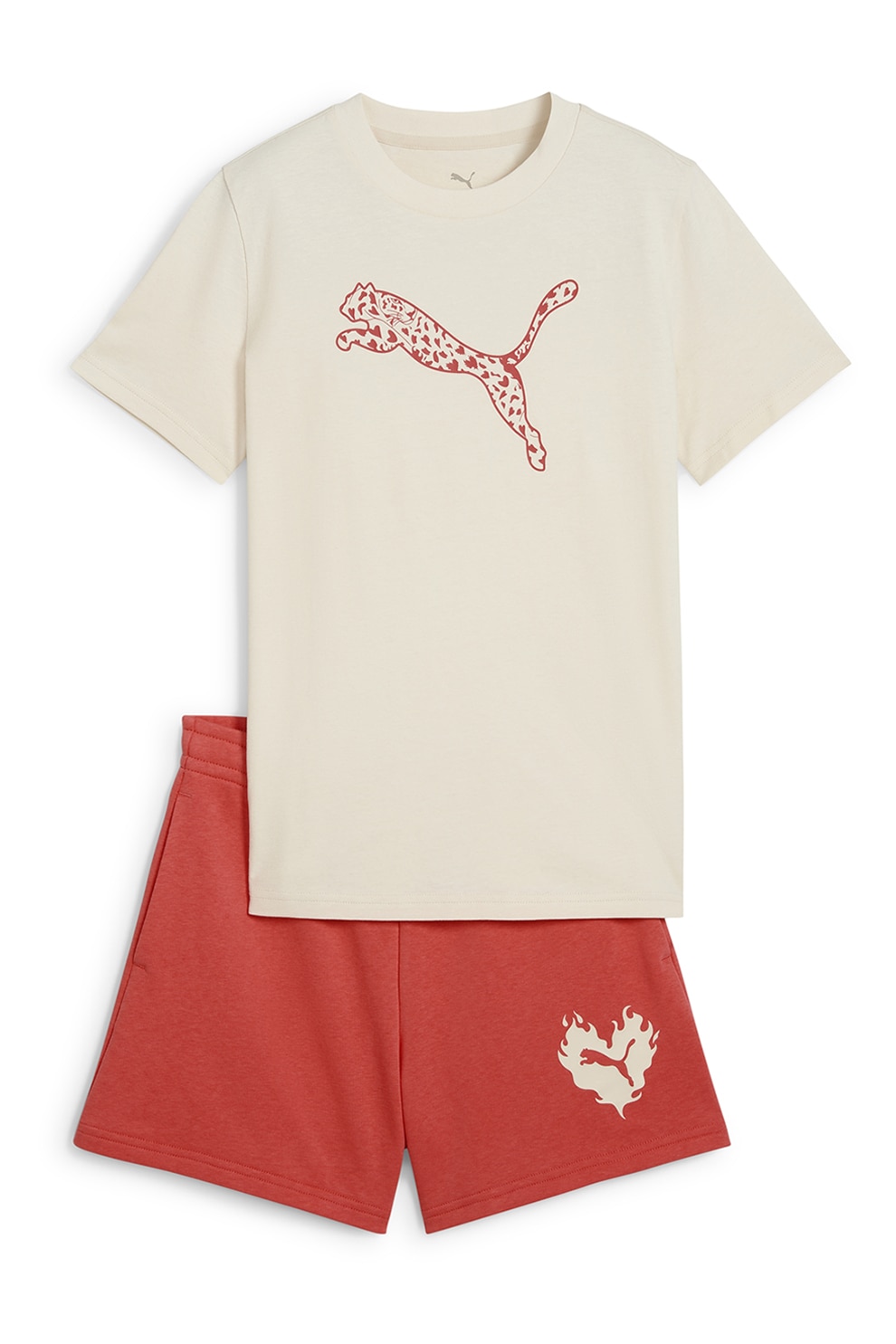 Puma, Set de tricou de bumbac si pantaloni scurti, Rosu vermillion, Crem, 164 CM