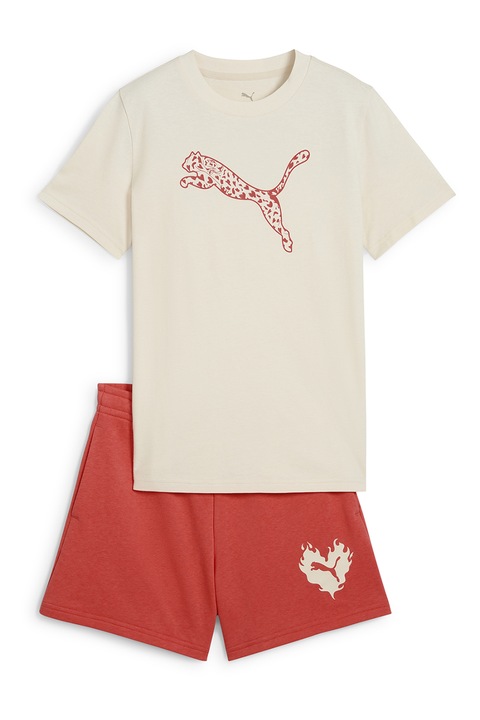 Puma, Set de tricou de bumbac si pantaloni scurti, Rosu vermillion/Crem, 164 CM