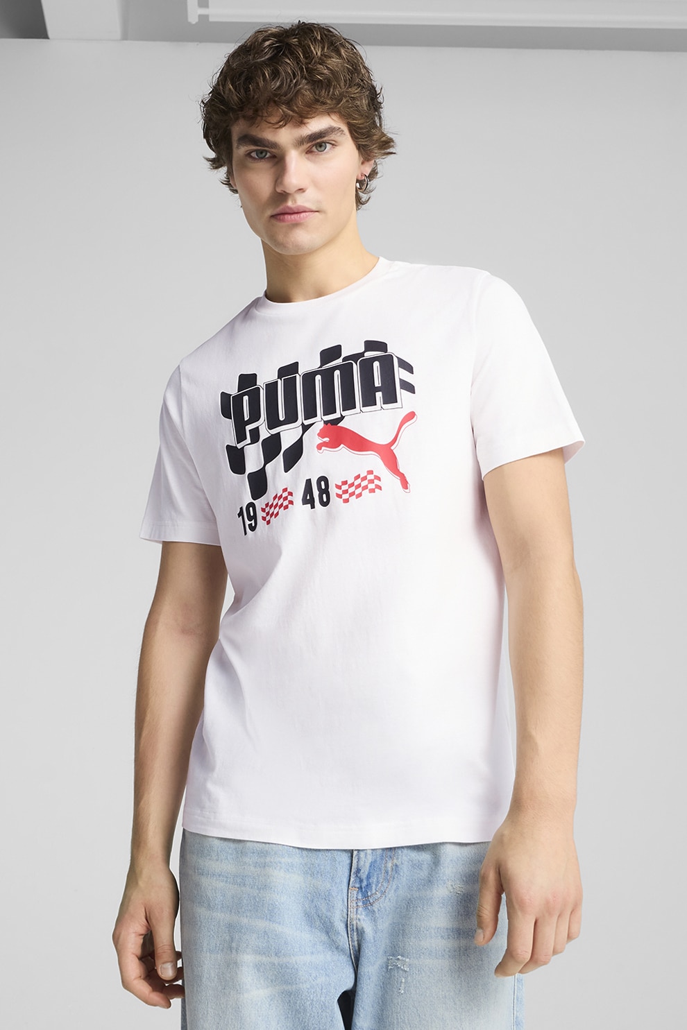 Puma, Tricou de bumbac cu imprimeu, Alb, Negru, L