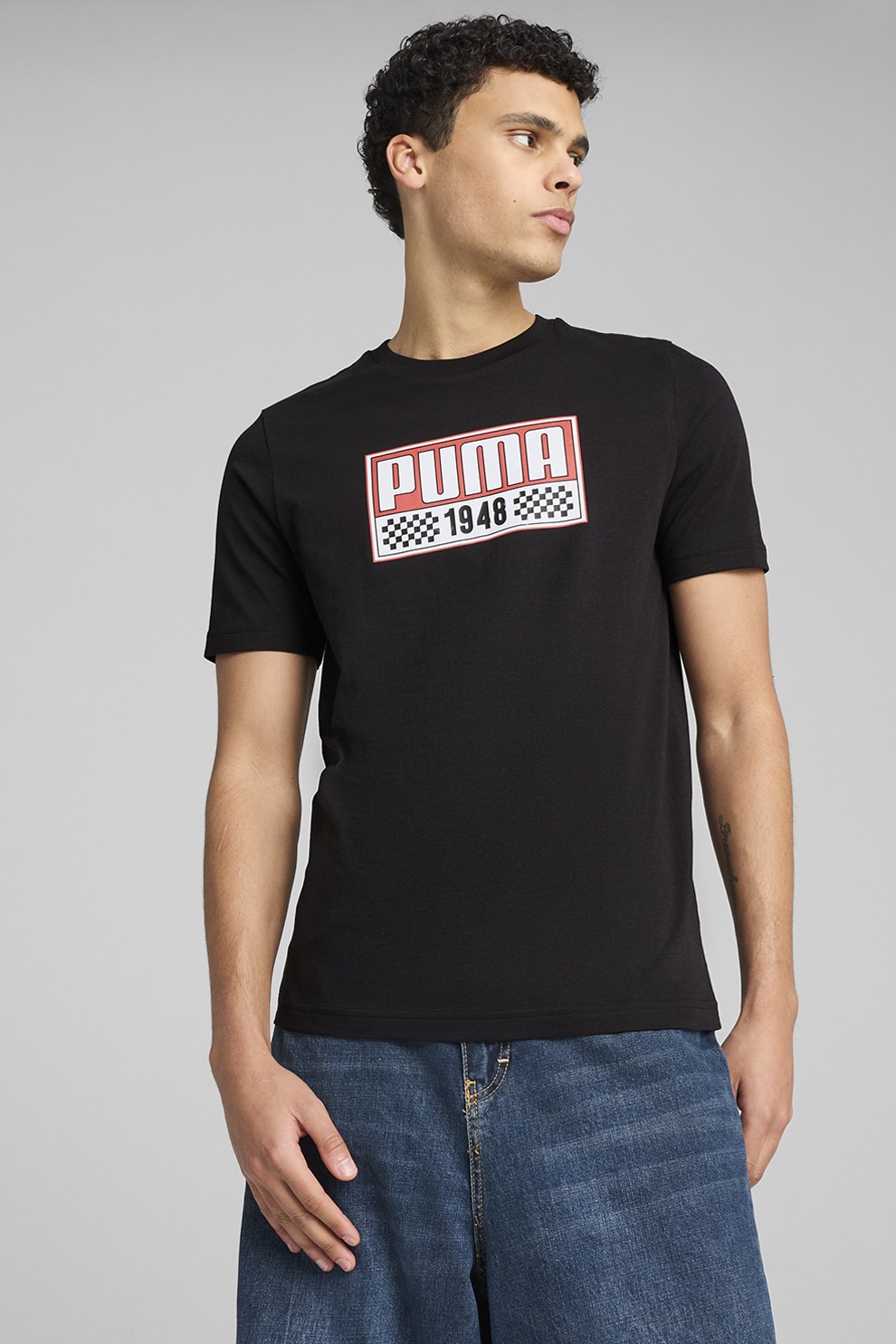 Puma, Tricou cu imprimeu si decolteu la baza gatului, Negru, 2XL