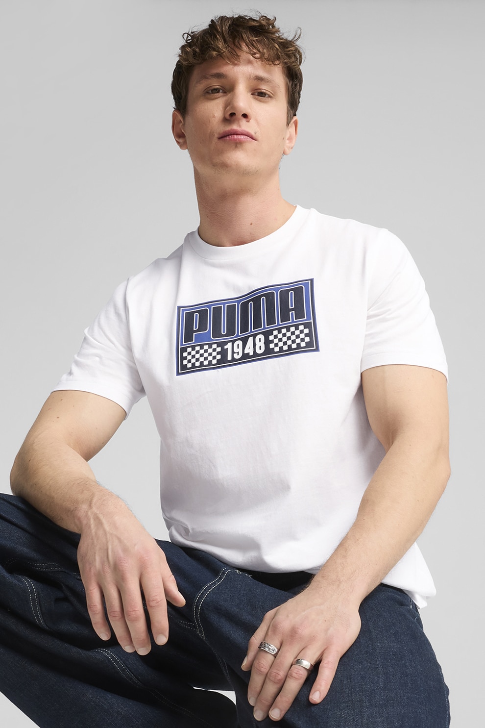 Puma, Tricou cu imprimeu si decolteu la baza gatului, Alb, S