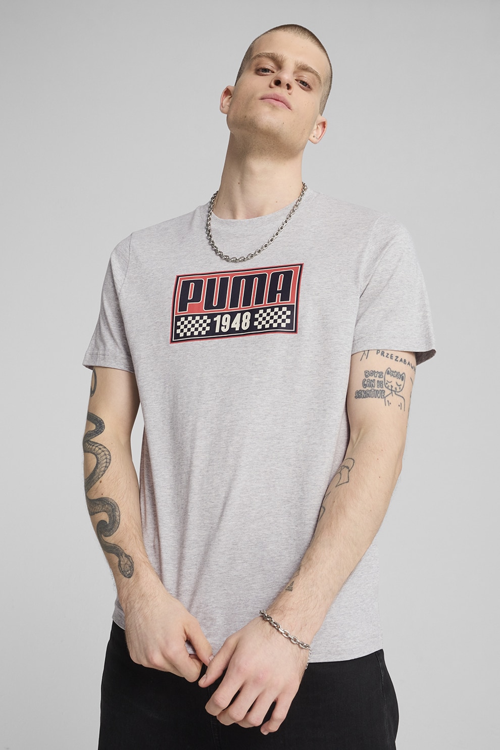 Puma, Tricou cu imprimeu si decolteu la baza gatului, Corai, Gri deschis melange, L
