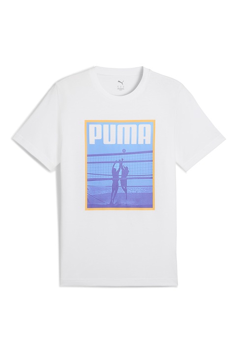 Puma, Tricou cu decolteu la baza gatului si imprimeu logo, Alb/Albastru