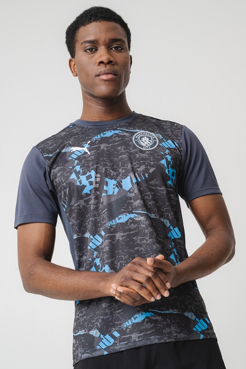 Puma, Tricou cu decolteu la baza gatului si imprimeu, Gri carbune/Albastru royal