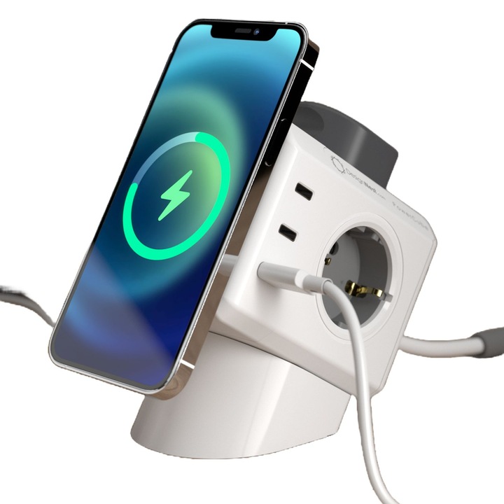 Prelungitor cubic Allocacoc, Powercube, cu incarcare wireless, 4 prize, 6 x port USB, cablu 1.5 m, ideal pentru birou/casa, design compact, alb