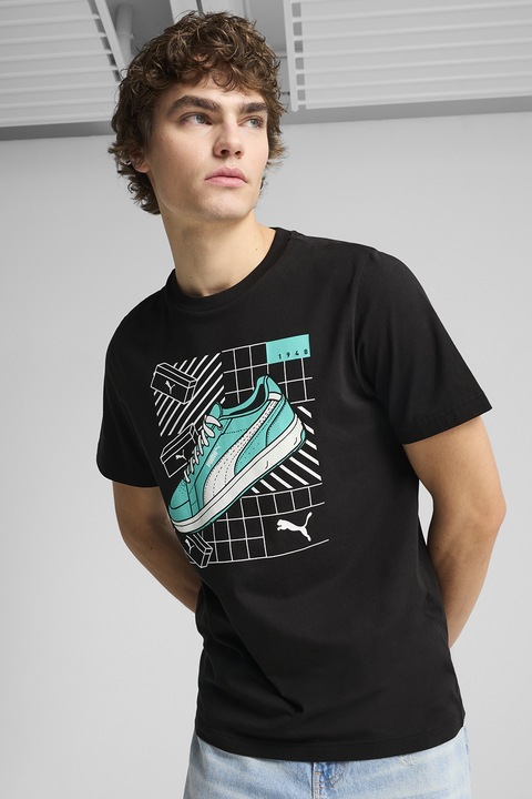 Puma, Tricou regular fit de bumbac cu model grafic, Alb/Negru/Turcoaz