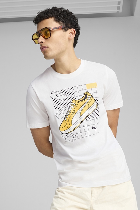 Puma, Tricou regular fit de bumbac cu model grafic, Alb/Negru/Galben sofran
