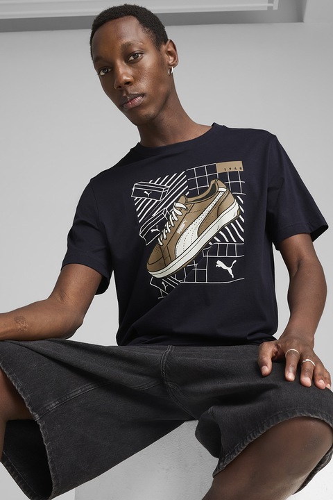 Puma, Tricou regular fit de bumbac cu model grafic, Alb/Albastru ultramarin/Maro deschis