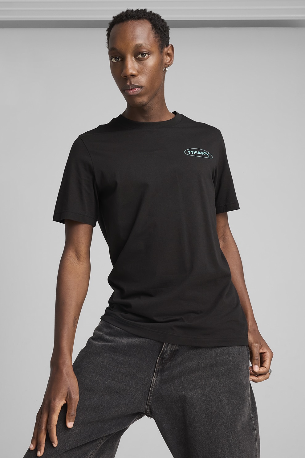 Puma, Tricou regular fit de bumbac cu model grafic, Negru, Turcoaz, Albastru deschis, L