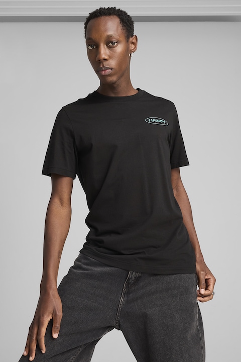 Puma, Tricou regular fit de bumbac cu model grafic, Negru/Turcoaz/Albastru deschis